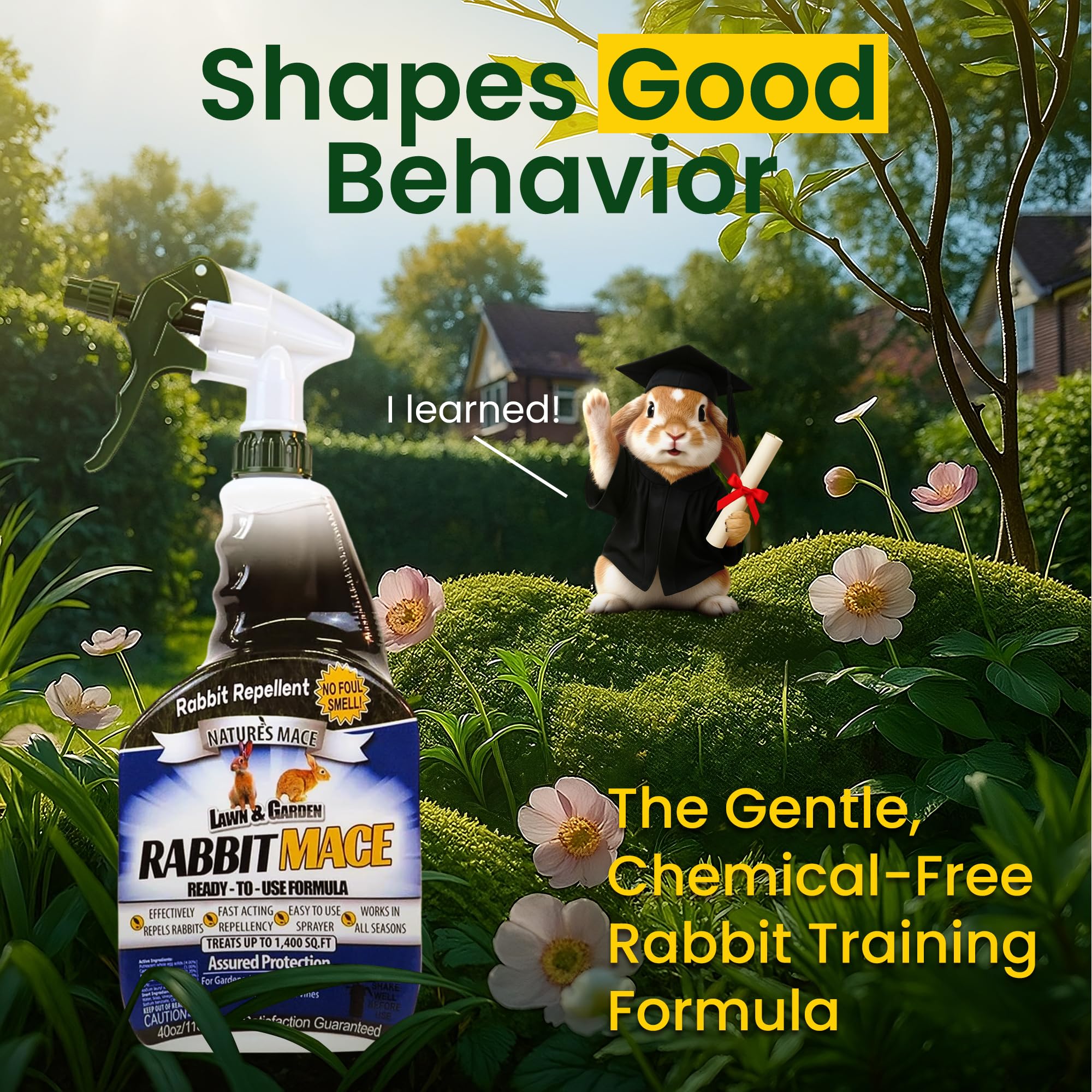 Nature's MACE mint scent visual highlights deterrent fragrance for rabbits.