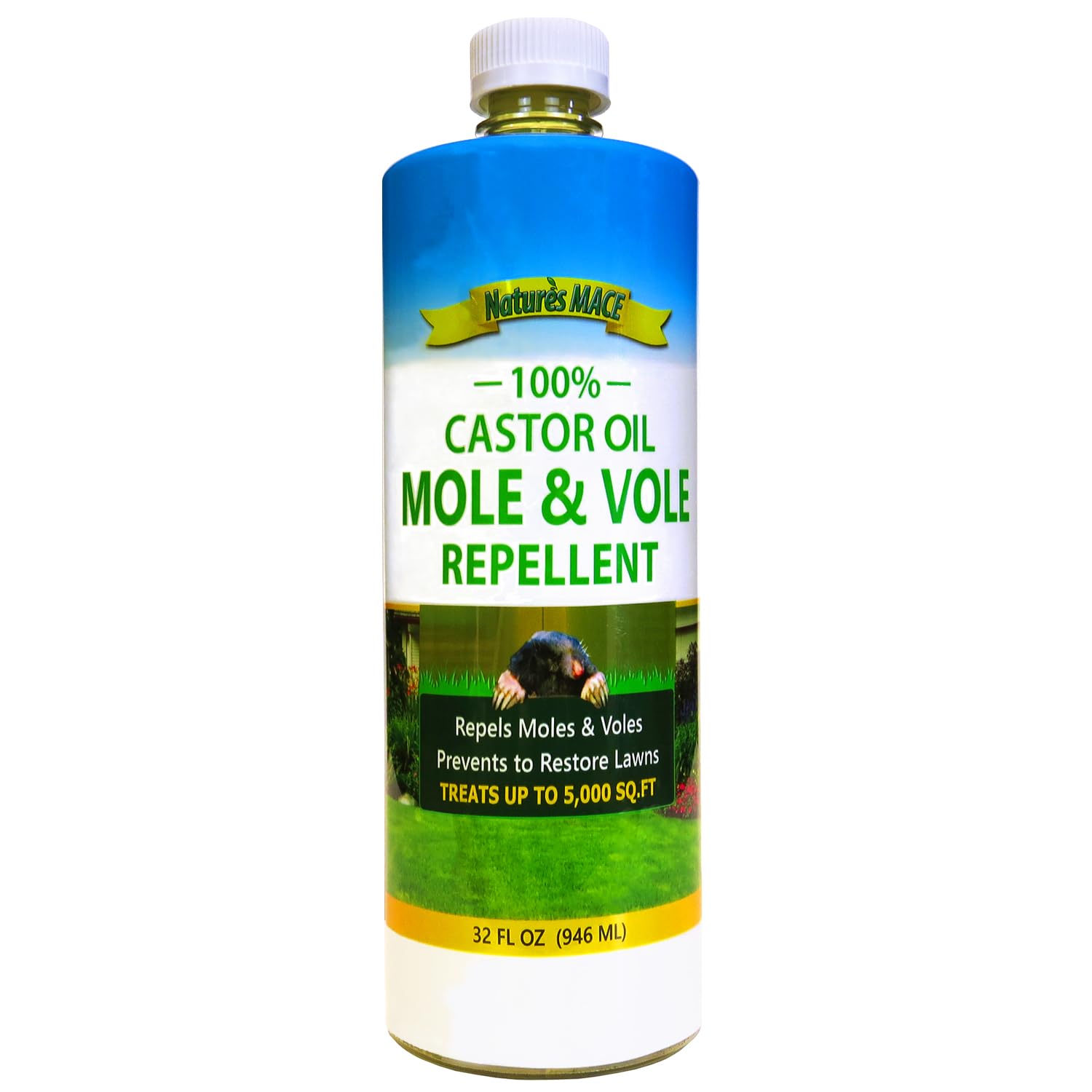 Nature's MACE Mole and Vole Mace bottle pour for easy deterrent deployment around lawns.