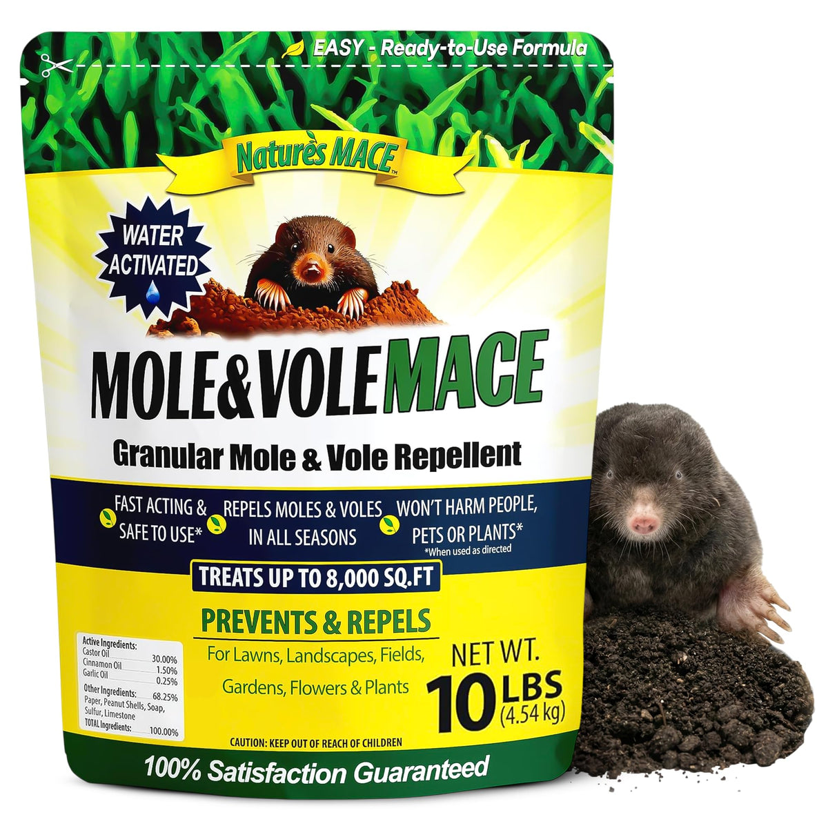 Nature's MACE granules spread across a lawn to deter moles and voles.