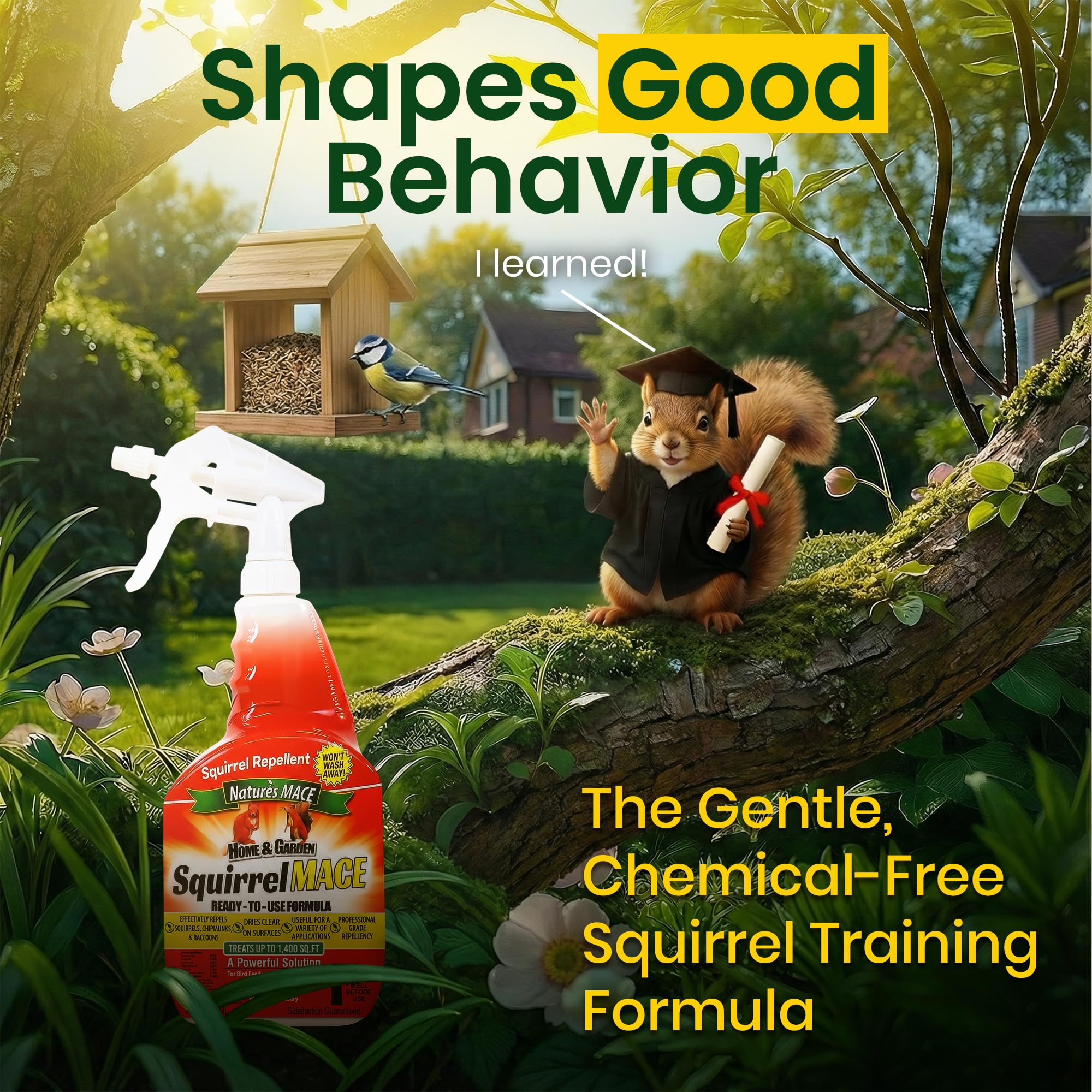 Nature's MACE outdoor spray deters squirrels and chipmunks in gardens.