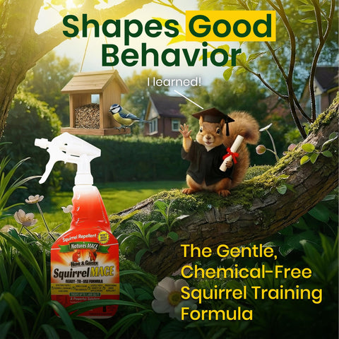 Nature's MACE outdoor spray deters squirrels and chipmunks in gardens.