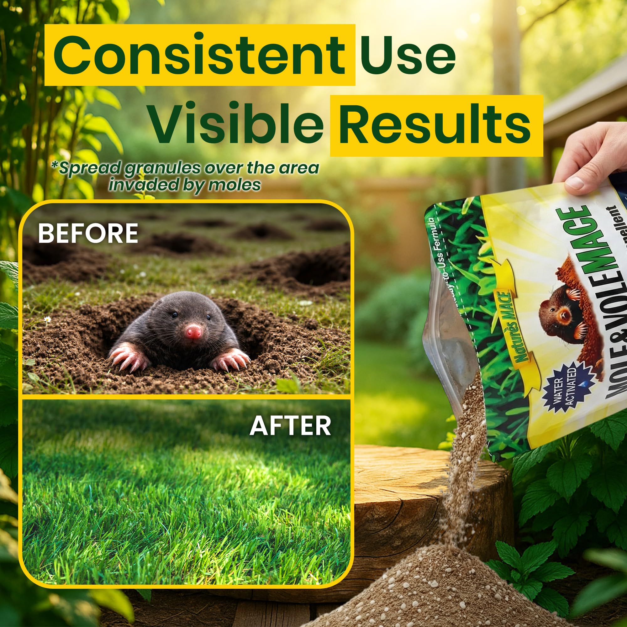Applying Nature's MACE around flower beds for long-lasting protection.