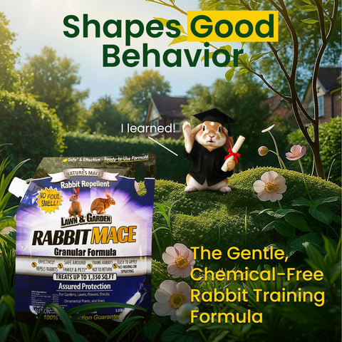 Nature's MACE granules application shown for easy, even spread.
