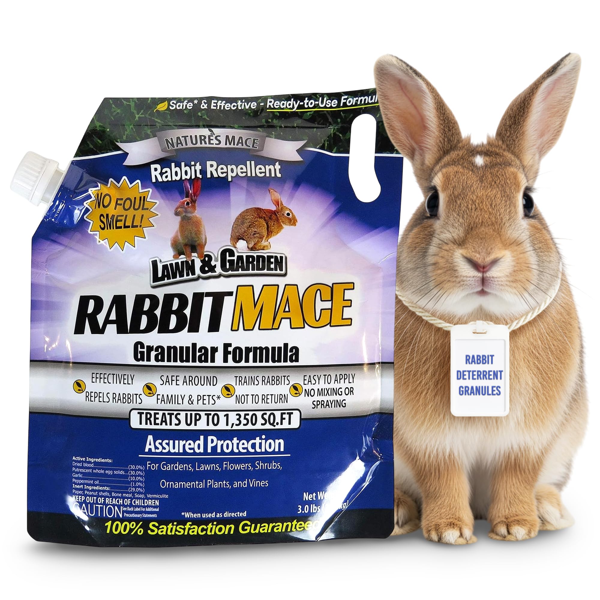 Nature's MACE rabbit granules packaging for year-round garden deterrence.