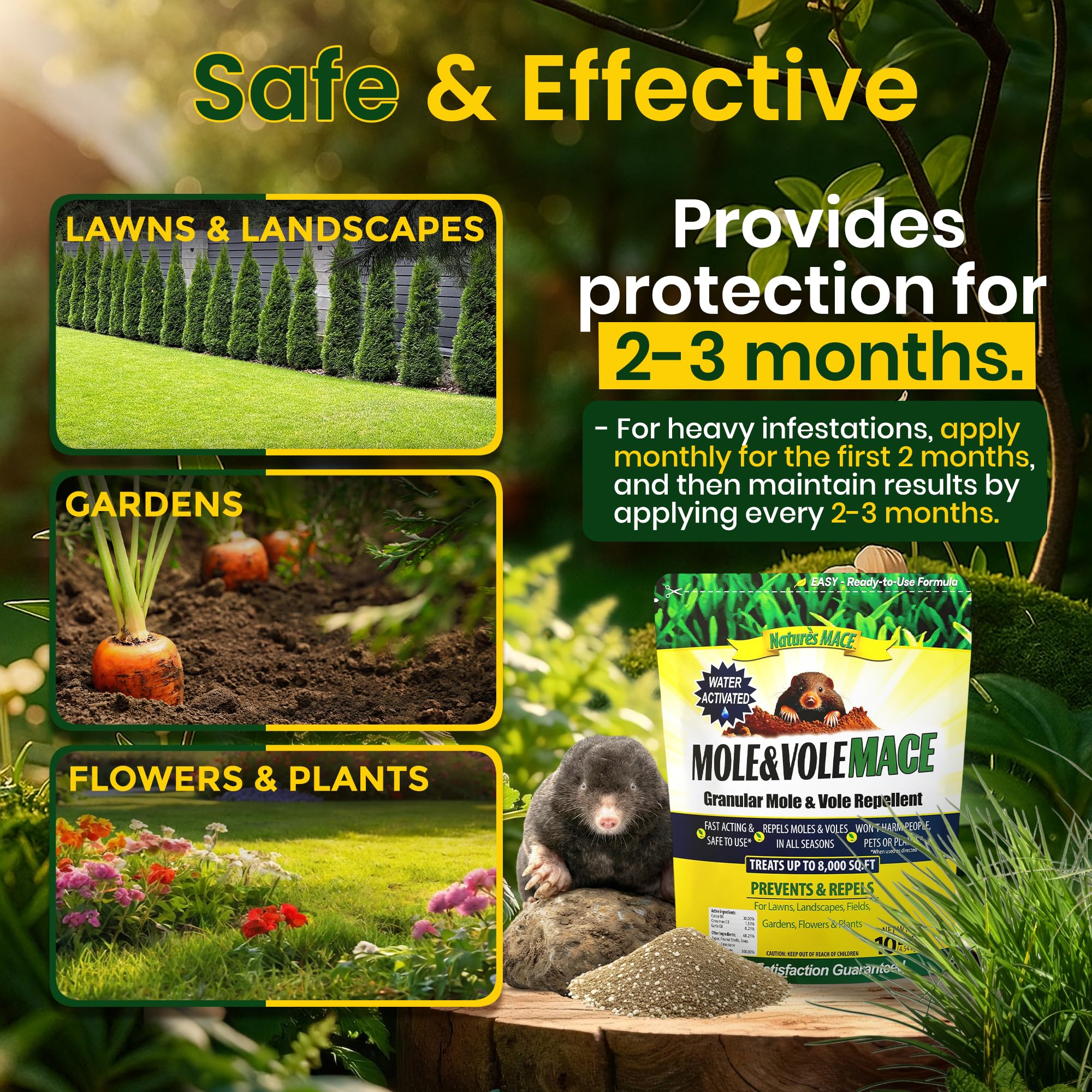 Seasonal outdoor protection with Nature's MACE time-release granules.