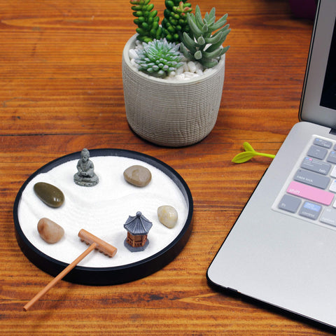 Nature's Mark Mini Zen Garden Kit black round base anchors desk with balanced aesthetics