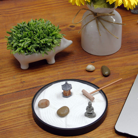 Nature's Mark Mini Zen Garden Kit river rocks add natural texture and contrast