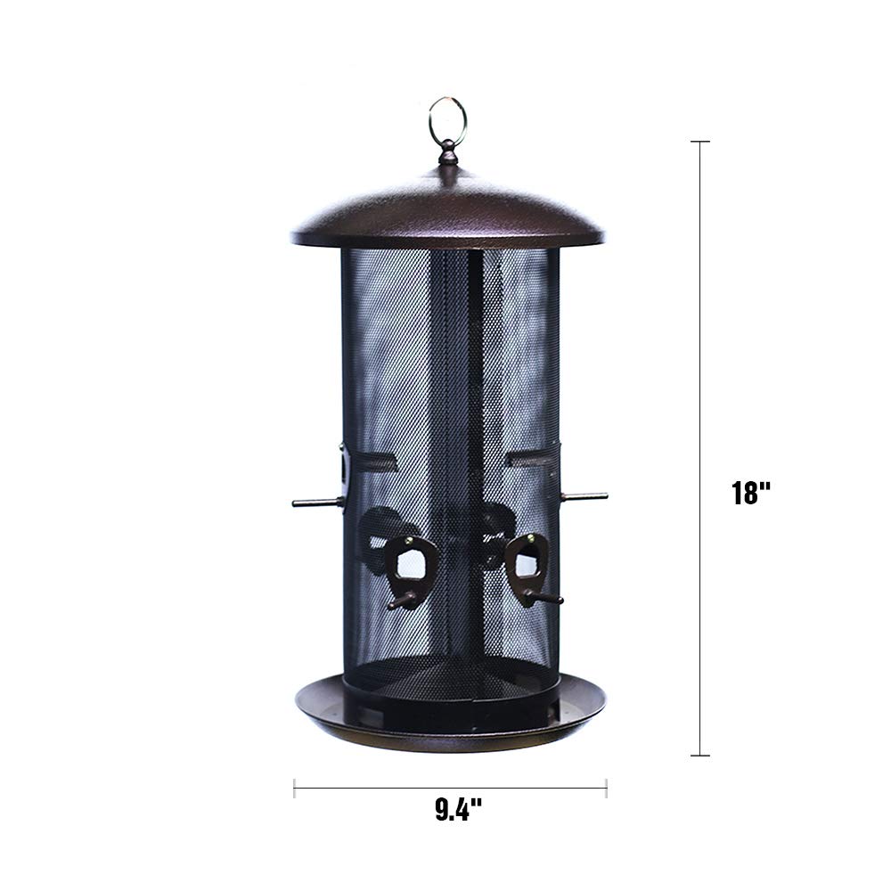 Nature's Rhythm metal hopper feeder with 10 ports supports multiple birds.