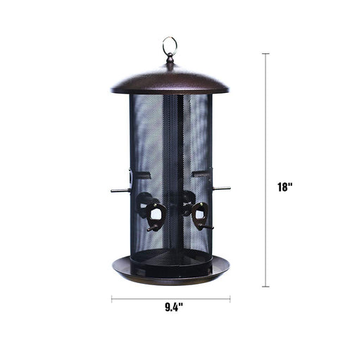 Nature's Rhythm metal hopper feeder with 10 ports supports multiple birds.