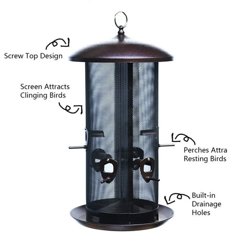 Nature's Rhythm hopper feeder features a wrap-around tray for easy feeding from any side.