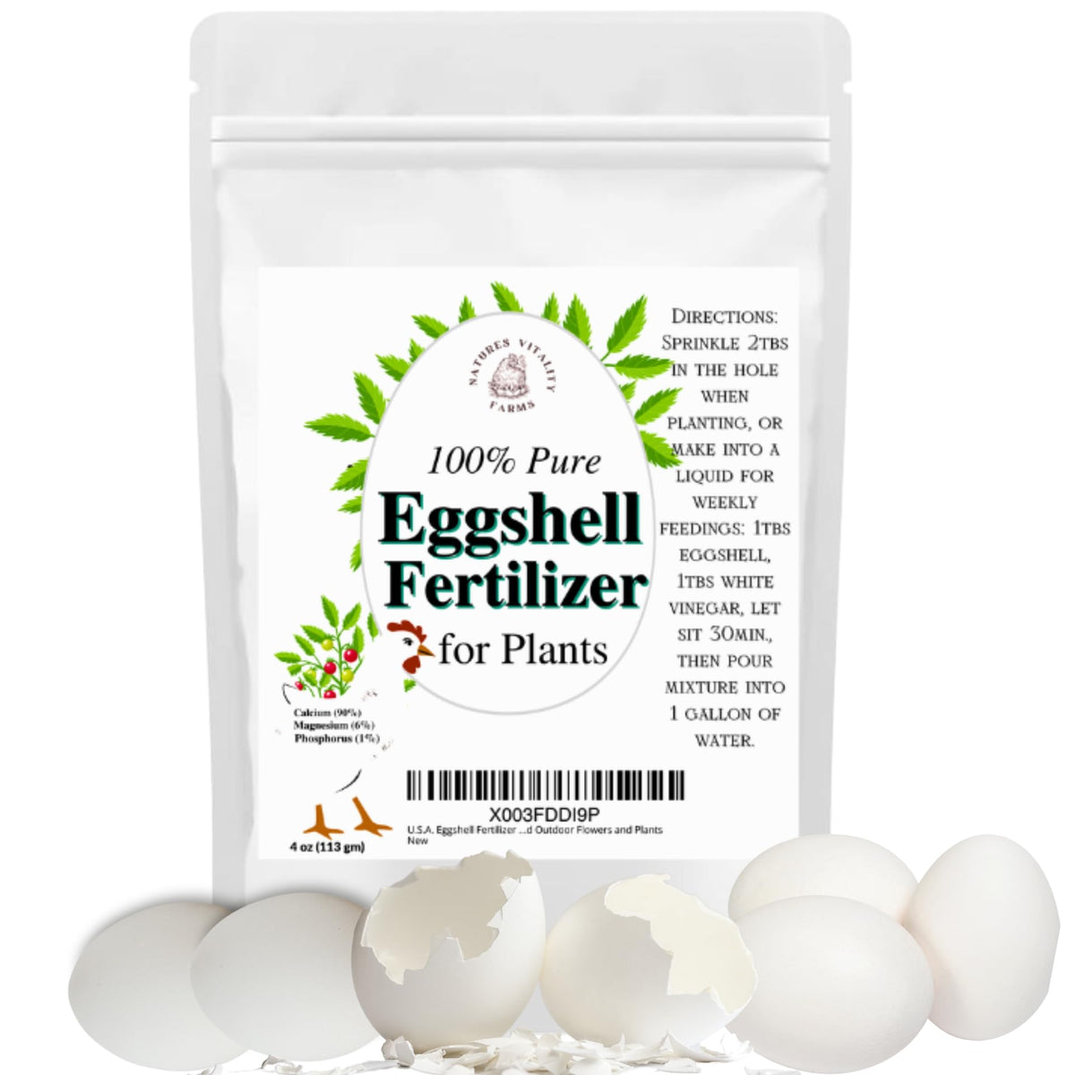 Natures Vitality Farms eggshell fertilizer powder in a bag ready for garden use