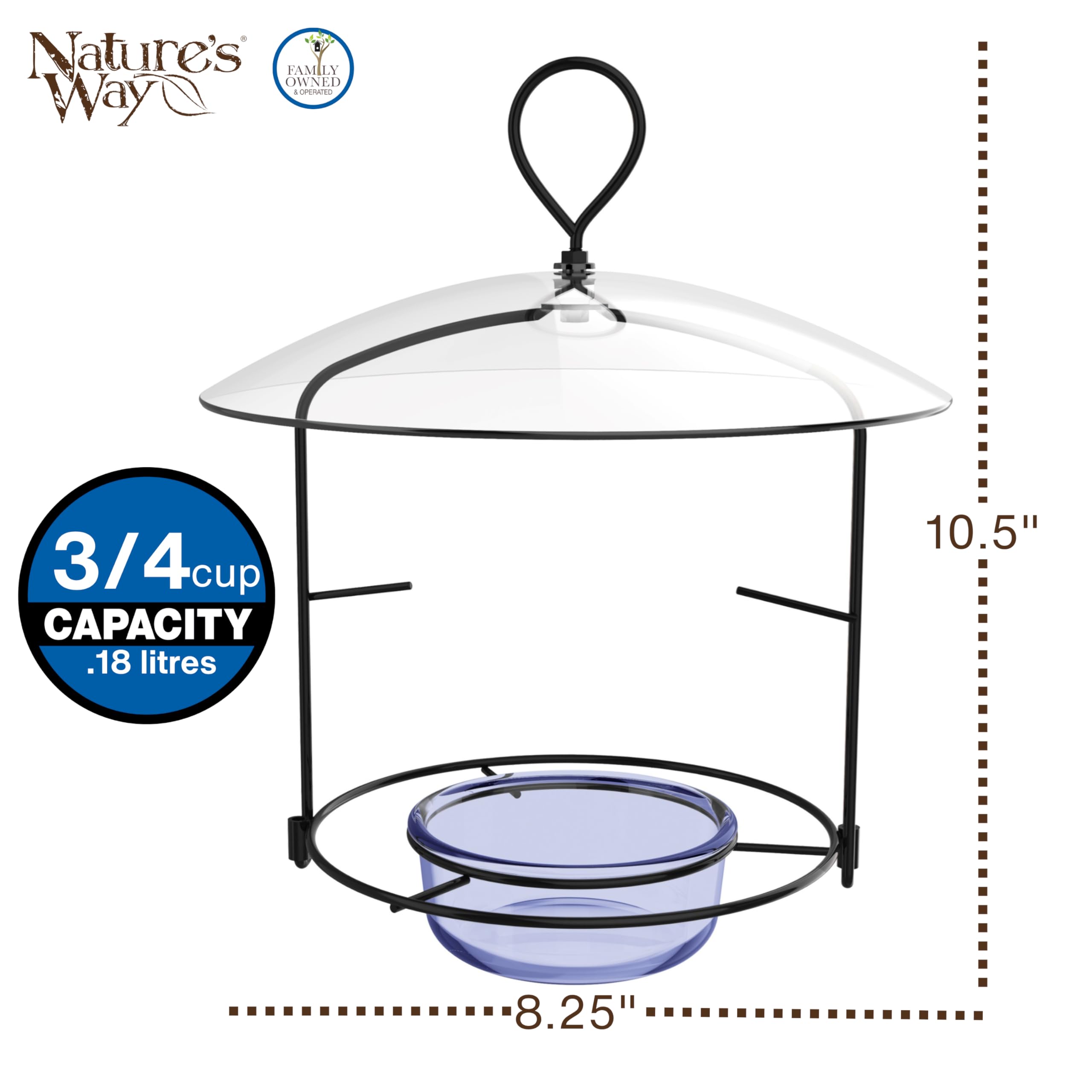 Protective baffle on BBFM1 feeder shields from weather while keeping birds visible