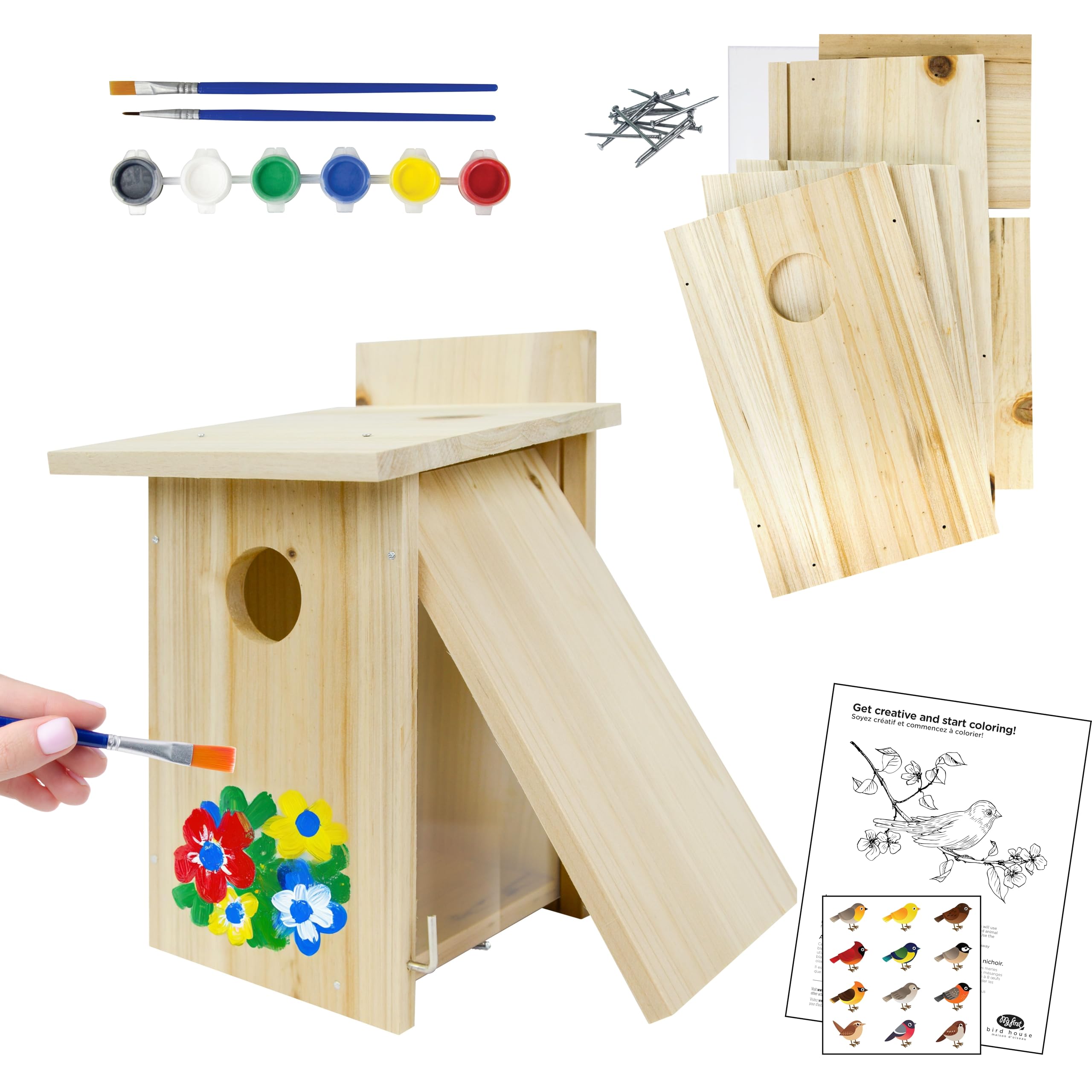 Nature's Way Bird House Wood Kit contents showcase for a creative family project.