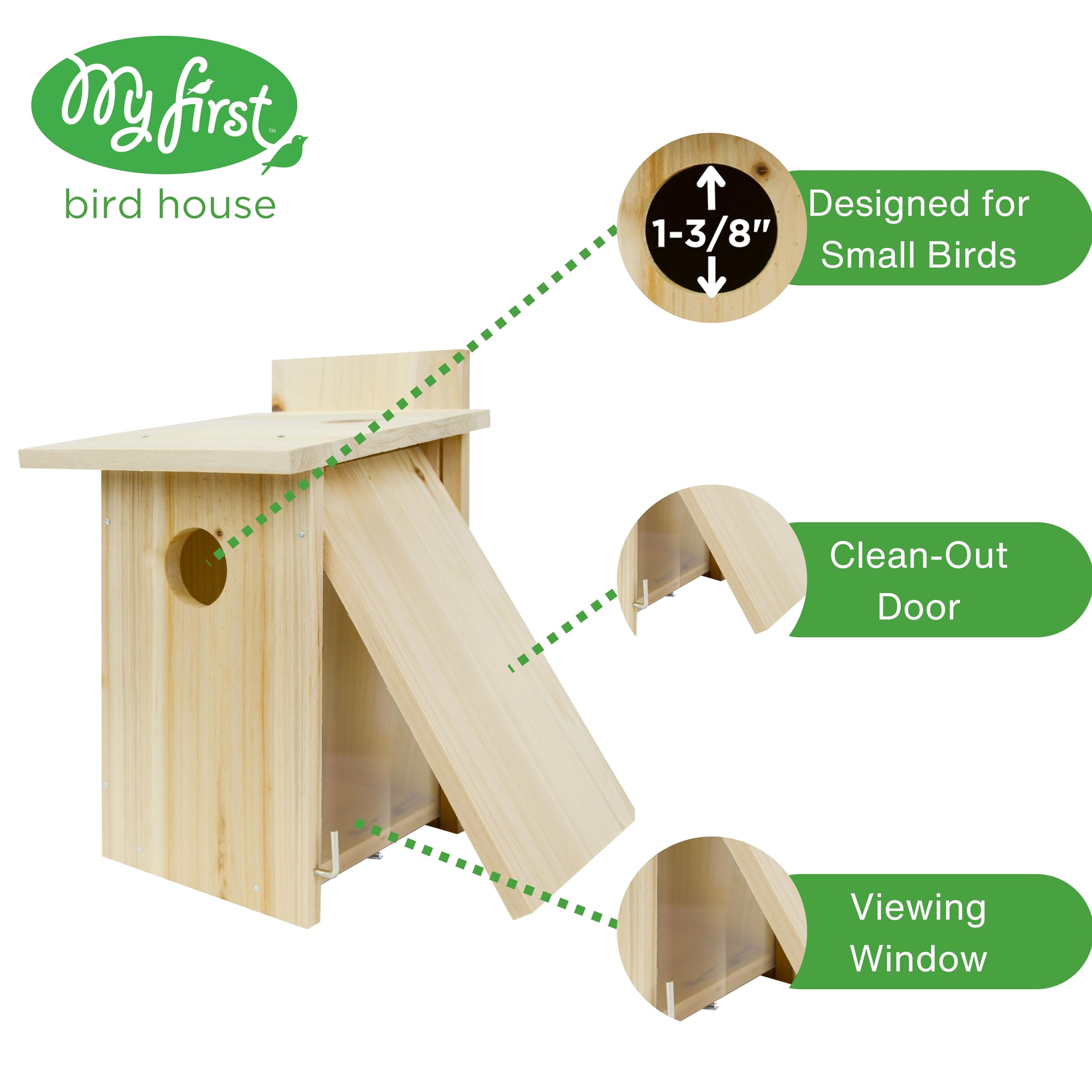 Nature's Way Bird House Wood Kit viewing window enables close, non-intrusive bird watching.