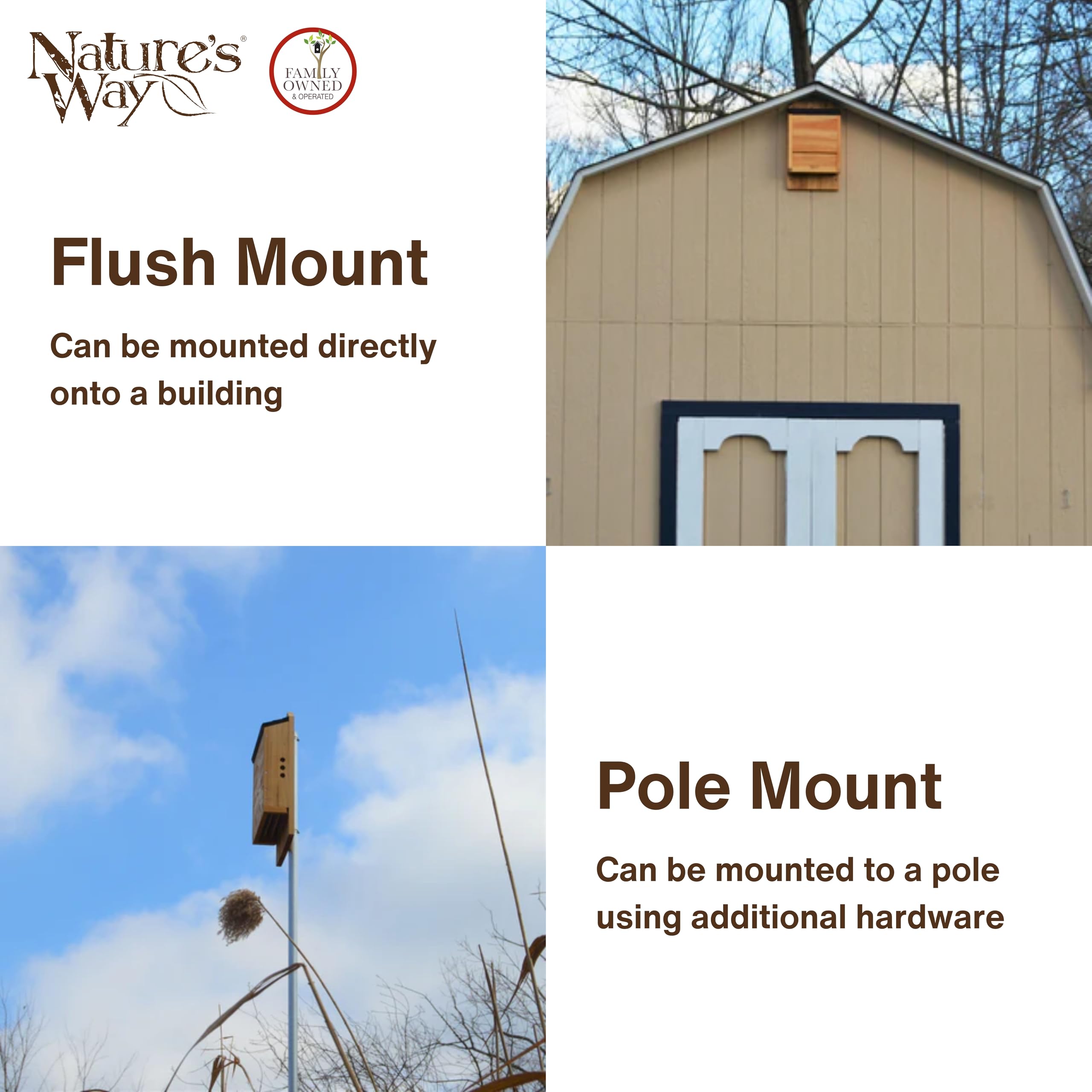 Nature's Way CWH6 cedar bat house, removable chambers for easy maintenance.