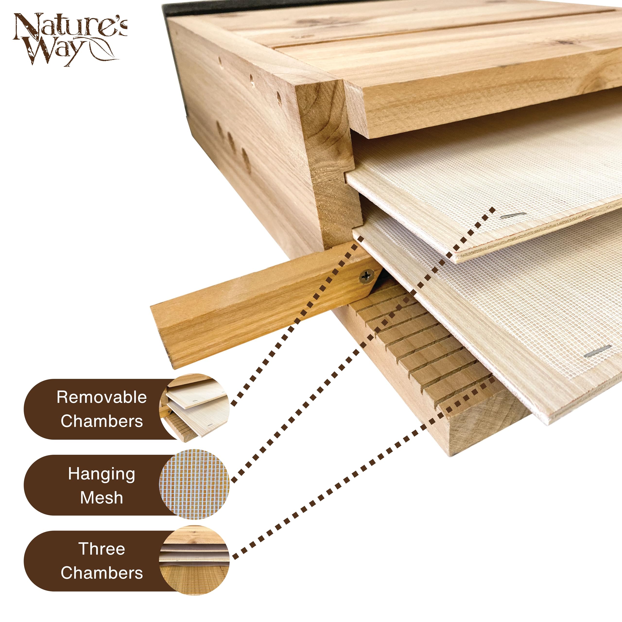 Nature's Way CWH6 cedar bat house with nylon hanging mesh, rust-free and bat-friendly.