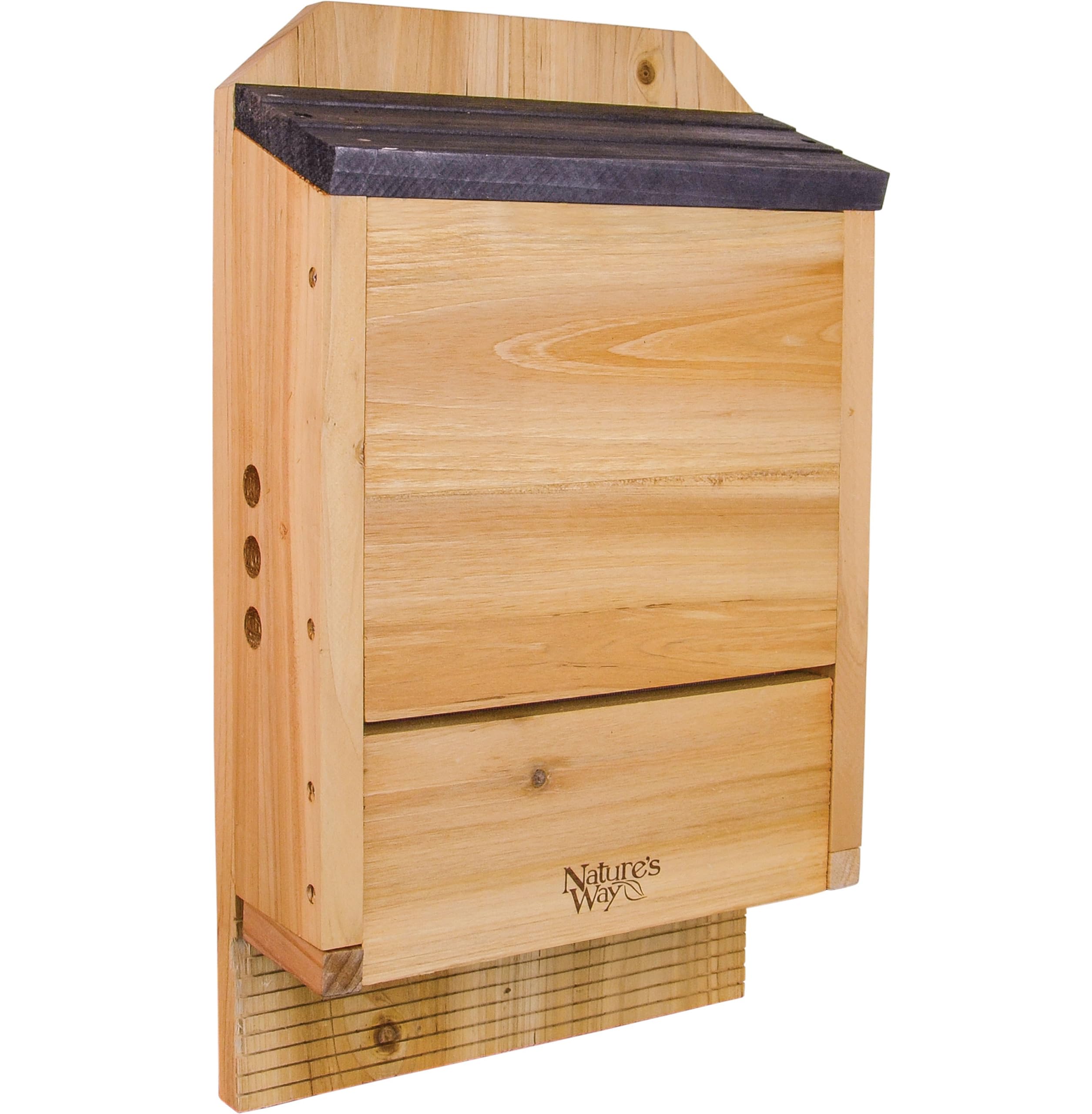 Nature's Way CWH6 cedar bat house, front view, inviting roosting bats for natural pest control.