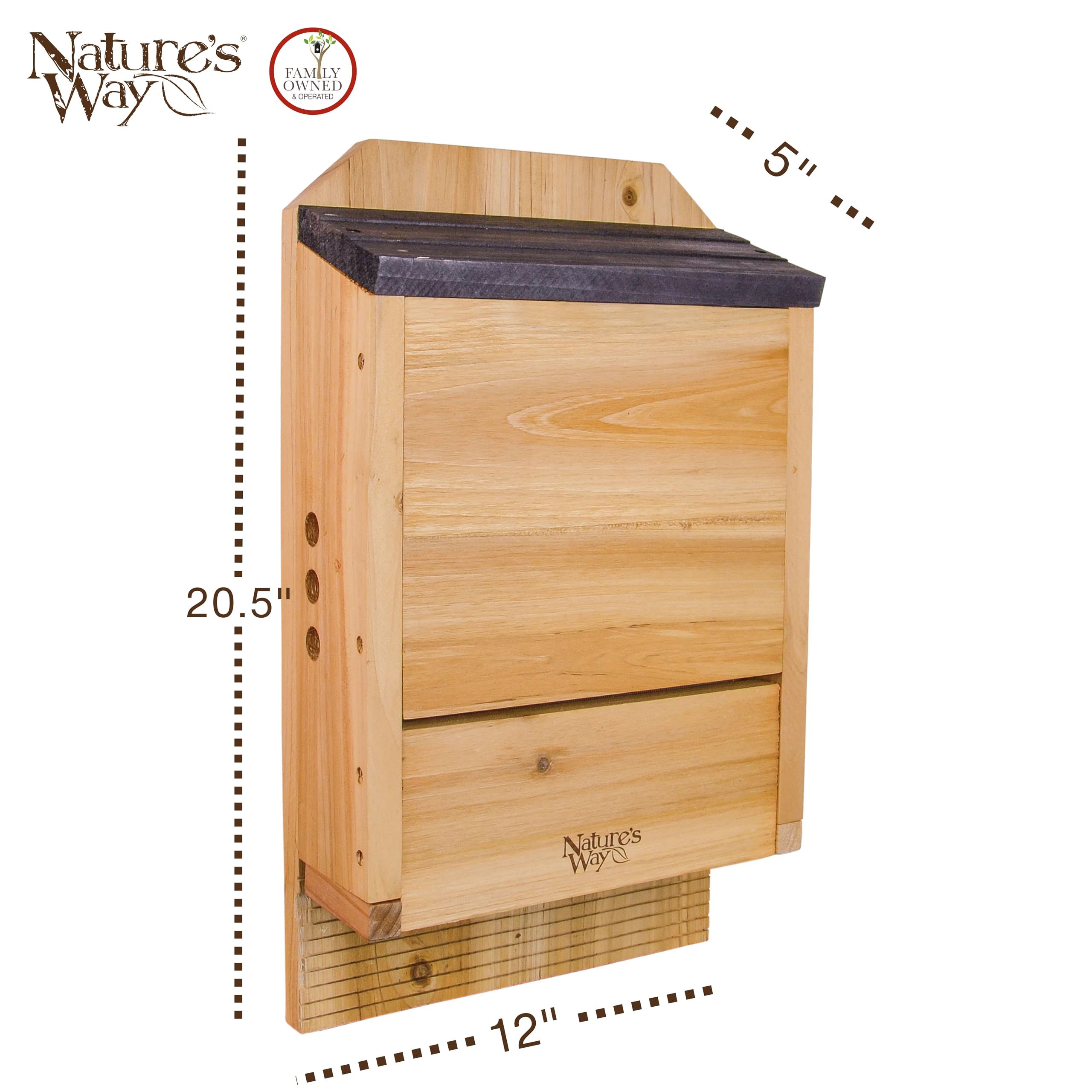Nature's Way CWH6 cedar bat house, side view, triple chambers for higher occupancy.