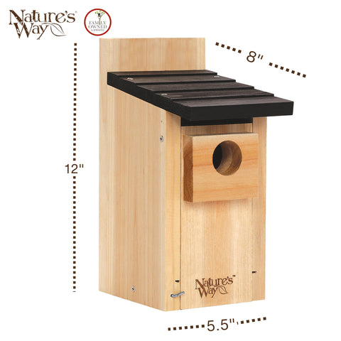 Nature's Way Cedar Bluebird Box House side view highlighting ventilation-ready design