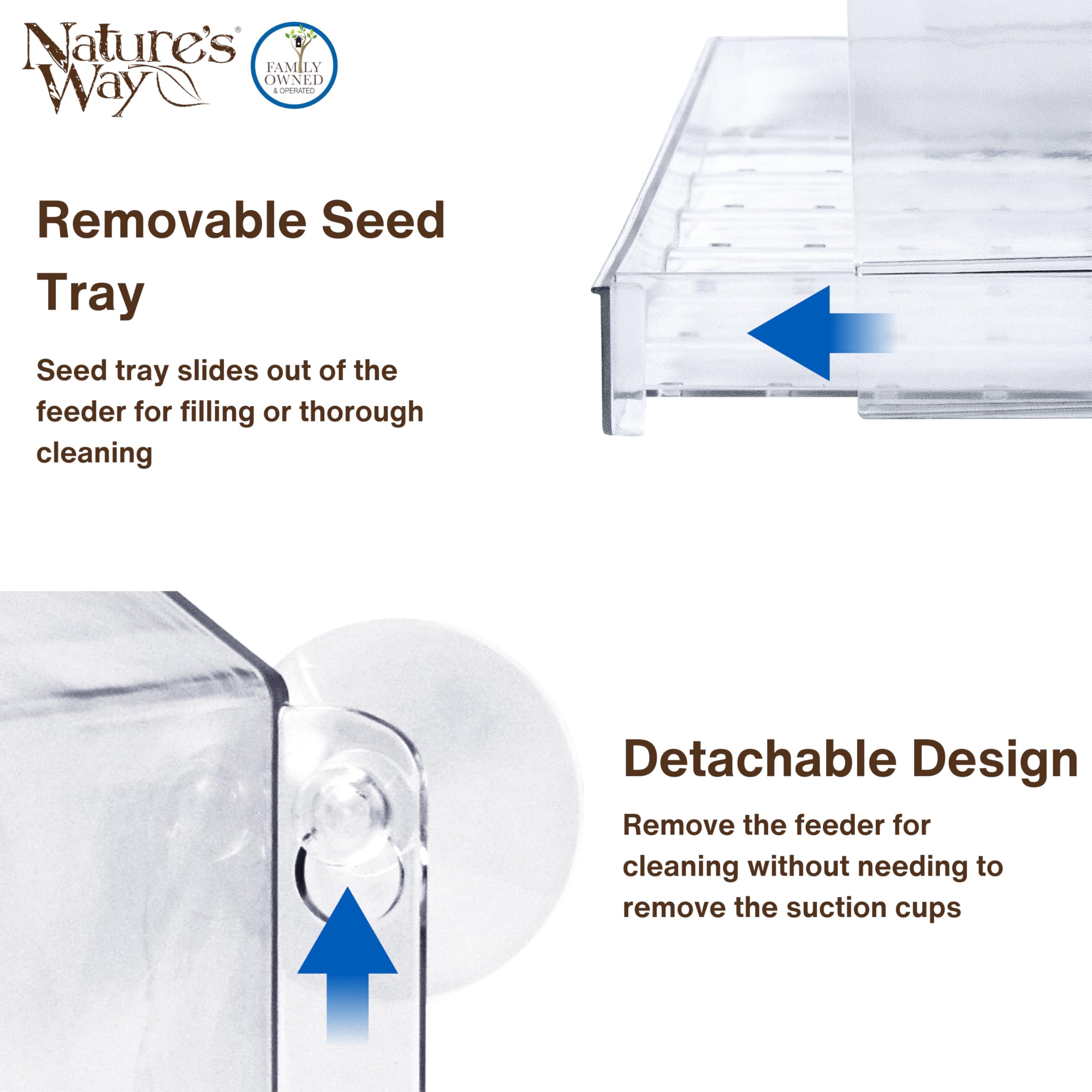 Nature's Way Crystal Window Seed Feeder's transparent body keeps focus on visiting birds.