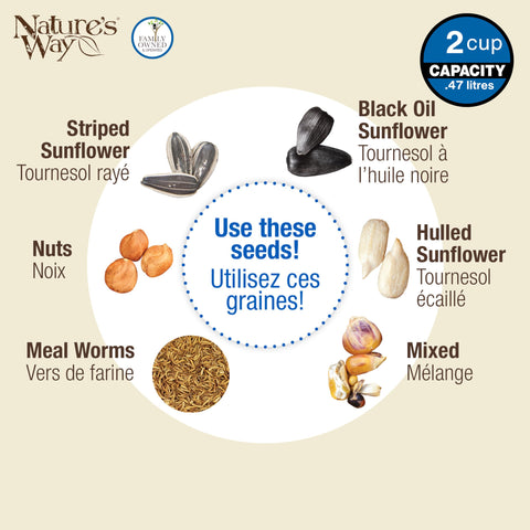 Nature's Way Crystal Window Seed Feeder uses drainage channels to keep seed dry.