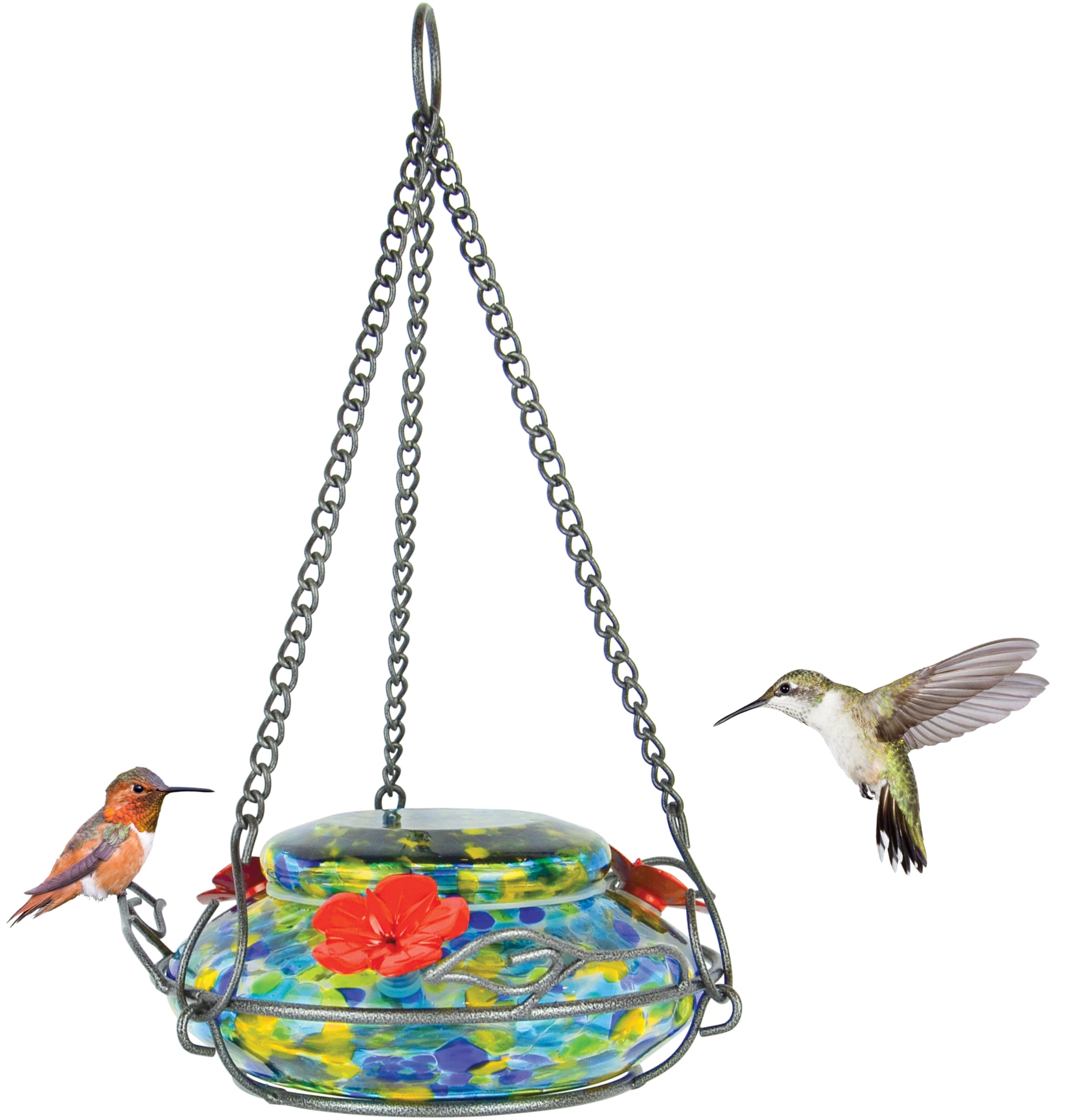 Nature's Way GHF7 hand-blown hummingbird feeder with vibrant glass colors for day and night viewing.