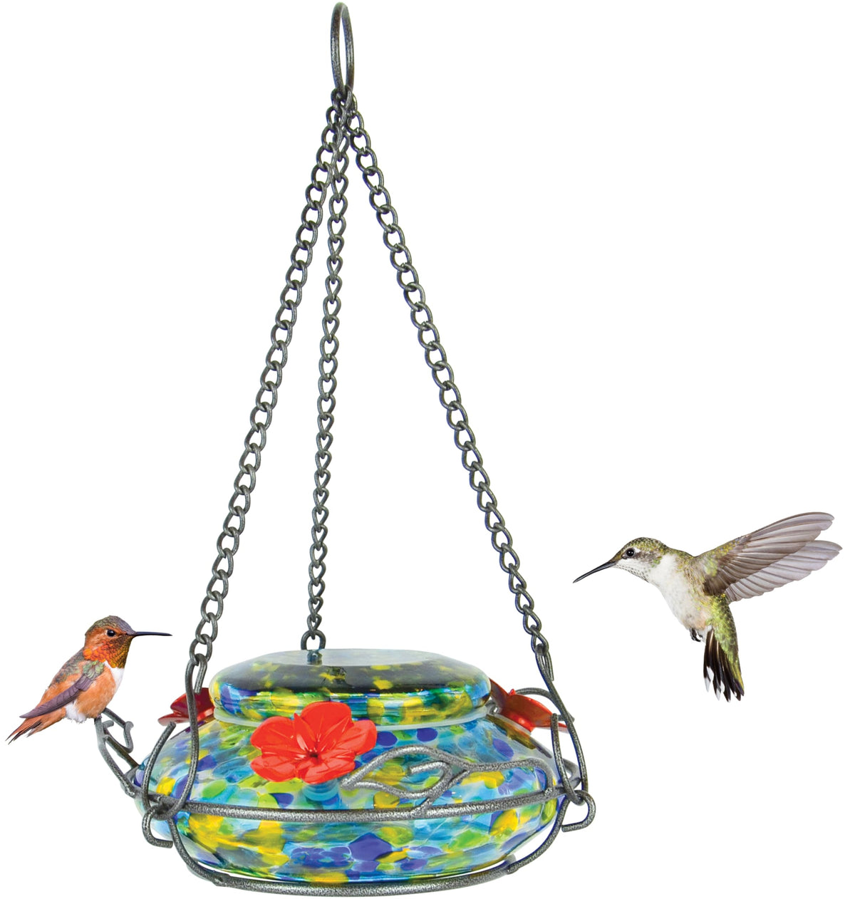 Nature's Way GHF7 hand-blown hummingbird feeder with vibrant glass colors for day and night viewing.