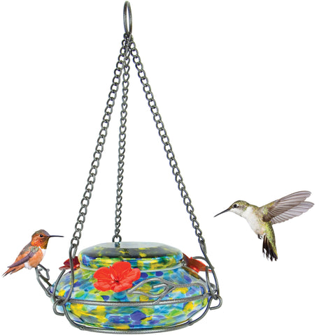 Nature's Way GHF7 hand-blown hummingbird feeder with vibrant glass colors for day and night viewing.