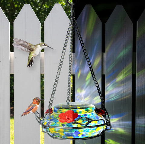 Nature's Way GHF7 solar LED glow lights the feeder at dusk.