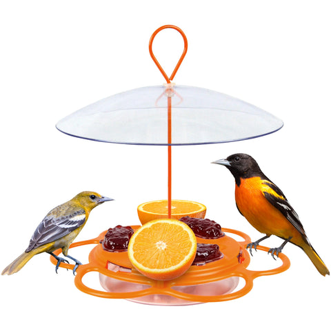 Nature’s Way multi-station oriole feeder in a yard showing versatile feeding options.