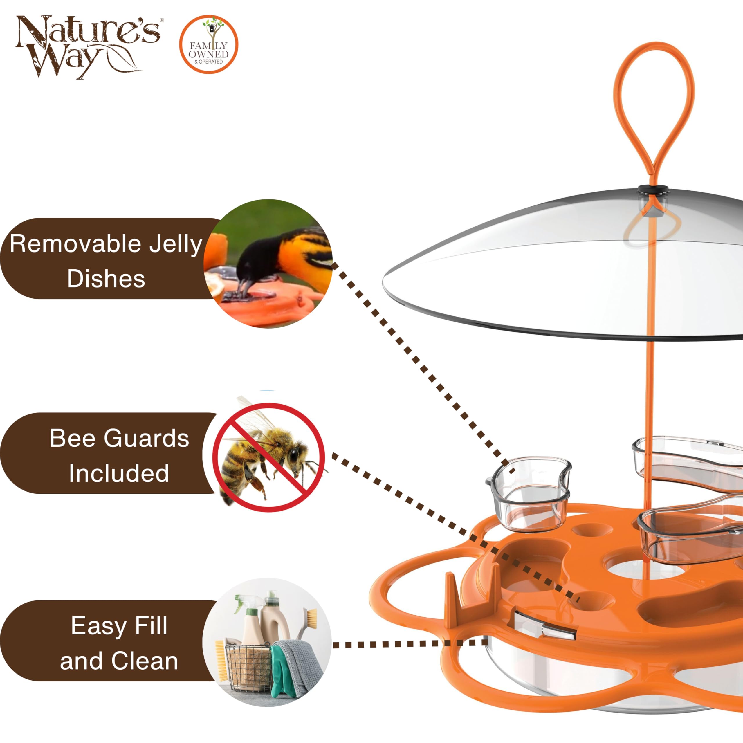 Nature’s Way nectar dish with perches supporting several feeding birds.