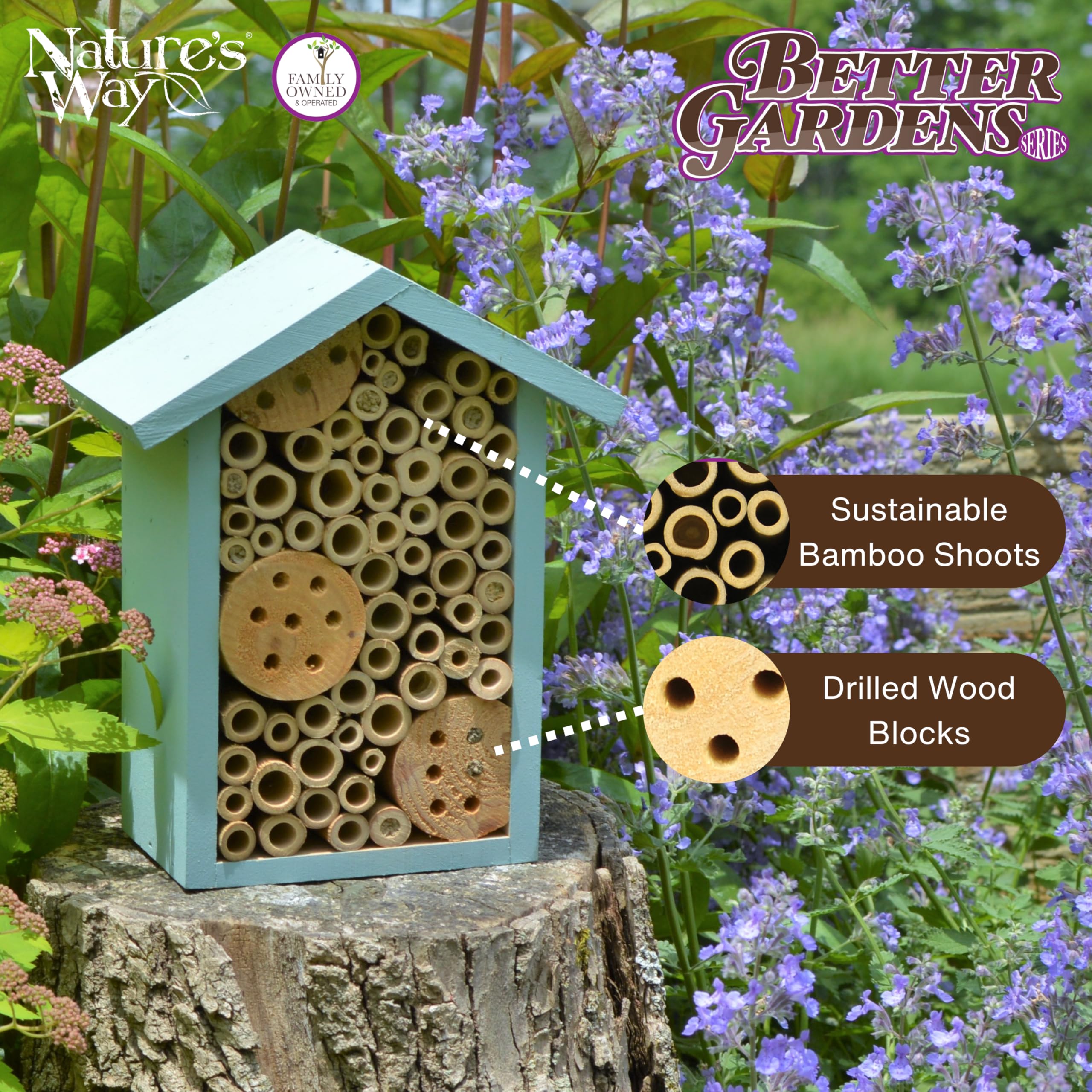 Nature's Way PWH1-C Teal Bee House garden setting supports pollination