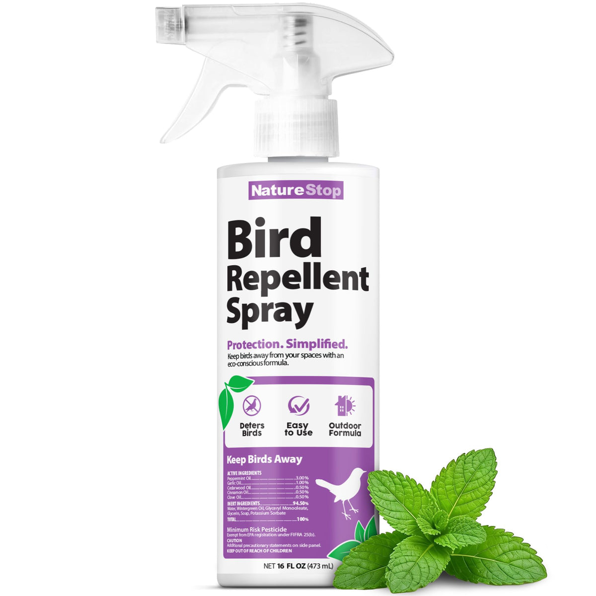 NatureStop Bird Repellent Spray bottle deters birds from outdoor surfaces.