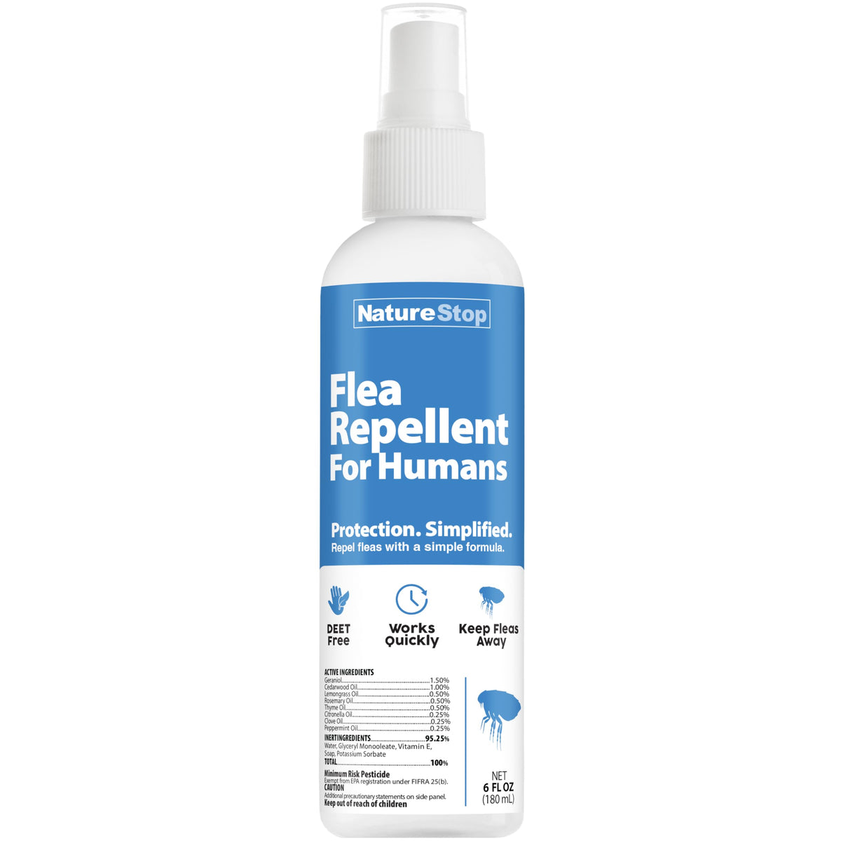 NatureStop flea repellent spray bottle provides portable outdoor protection.
