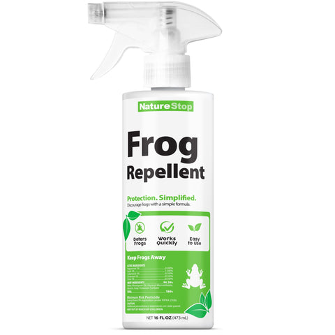 NatureStop Frog Repellent Spray bottle for outdoor use and deterrence.