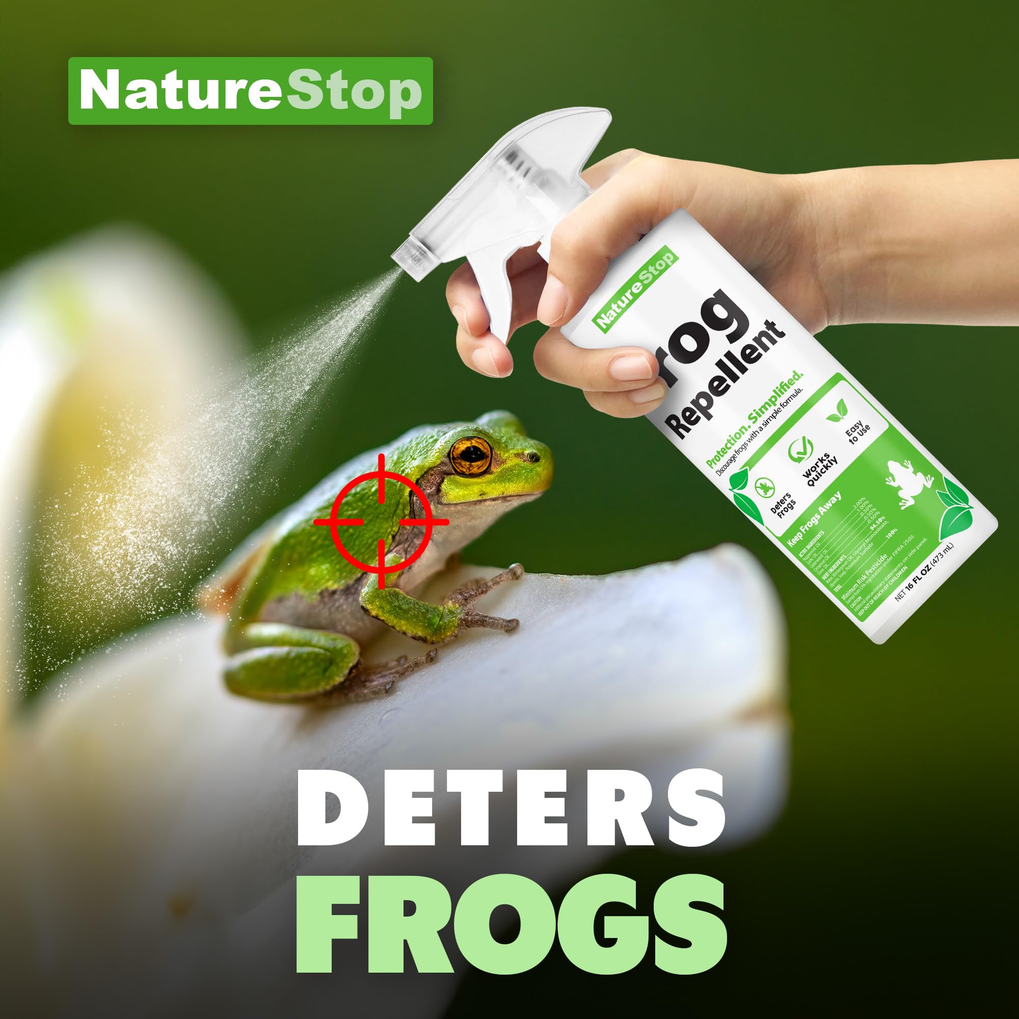 NatureStop Frog Repellent Spray applied on patio around doors and walkways.