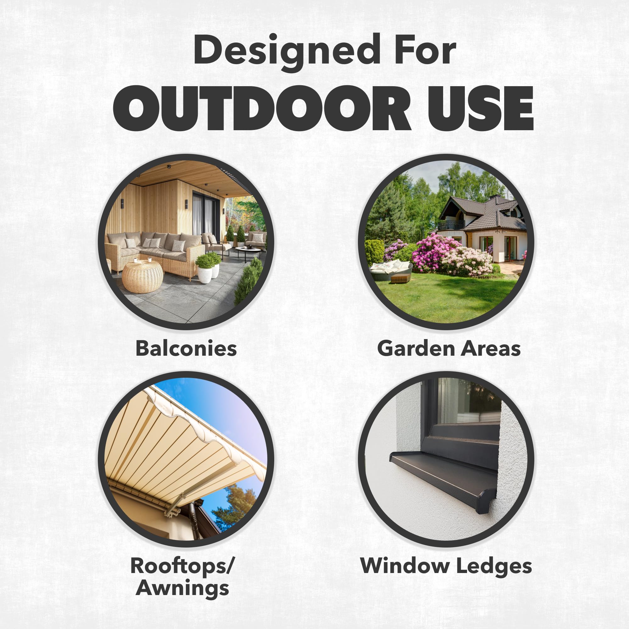 NatureStop spray shown on garden and patio areas for deterrence.