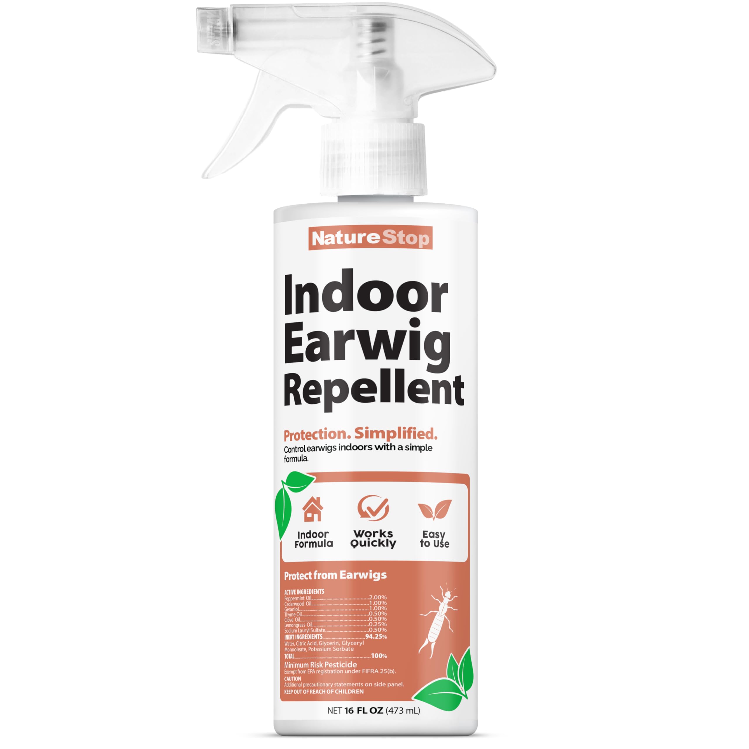 NatureStop indoor earwig repellent spray applied to baseboards to deter activity.