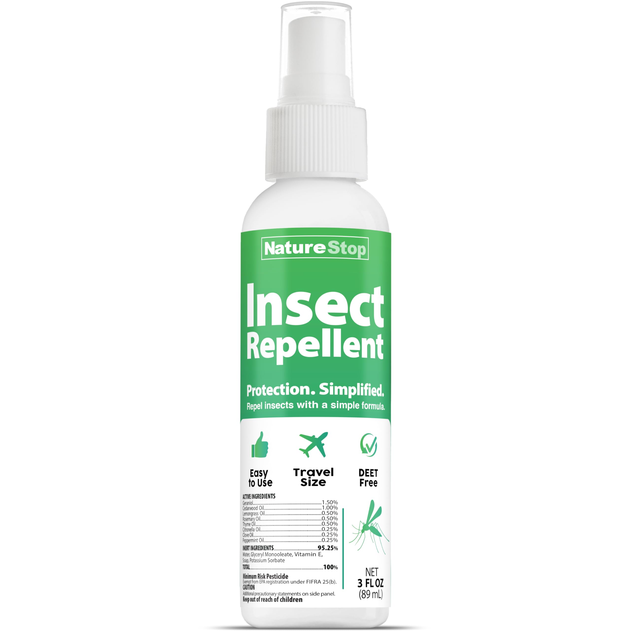 NatureStop insect repellent spray front label displays a compact 3 oz bottle for travel.