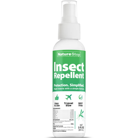 NatureStop insect repellent spray front label displays a compact 3 oz bottle for travel.