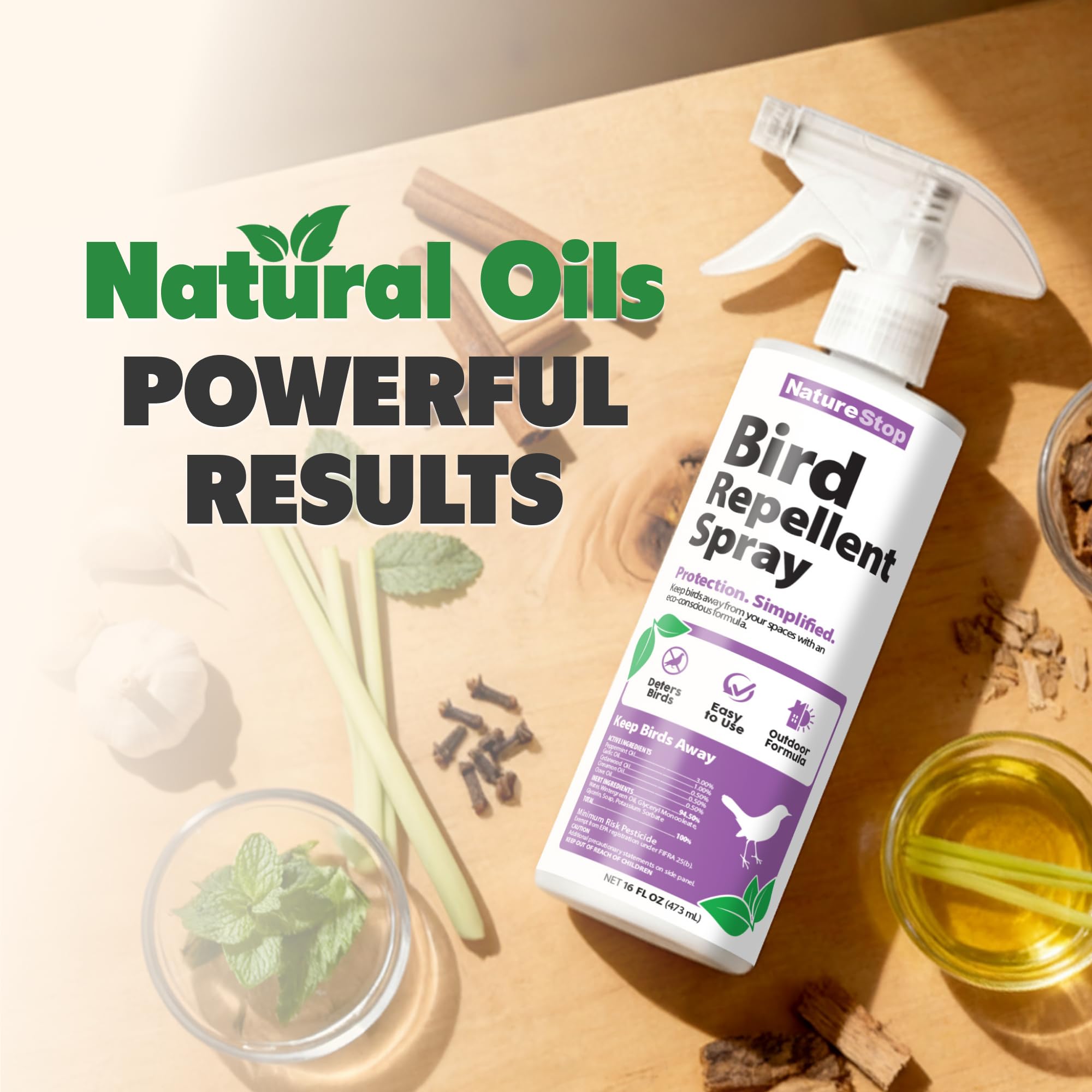 NatureStop spray protects plants and surrounding outdoor surfaces from birds.