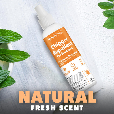 NatureStop chigger spray on clothing helps shield fabric during outdoor chores.