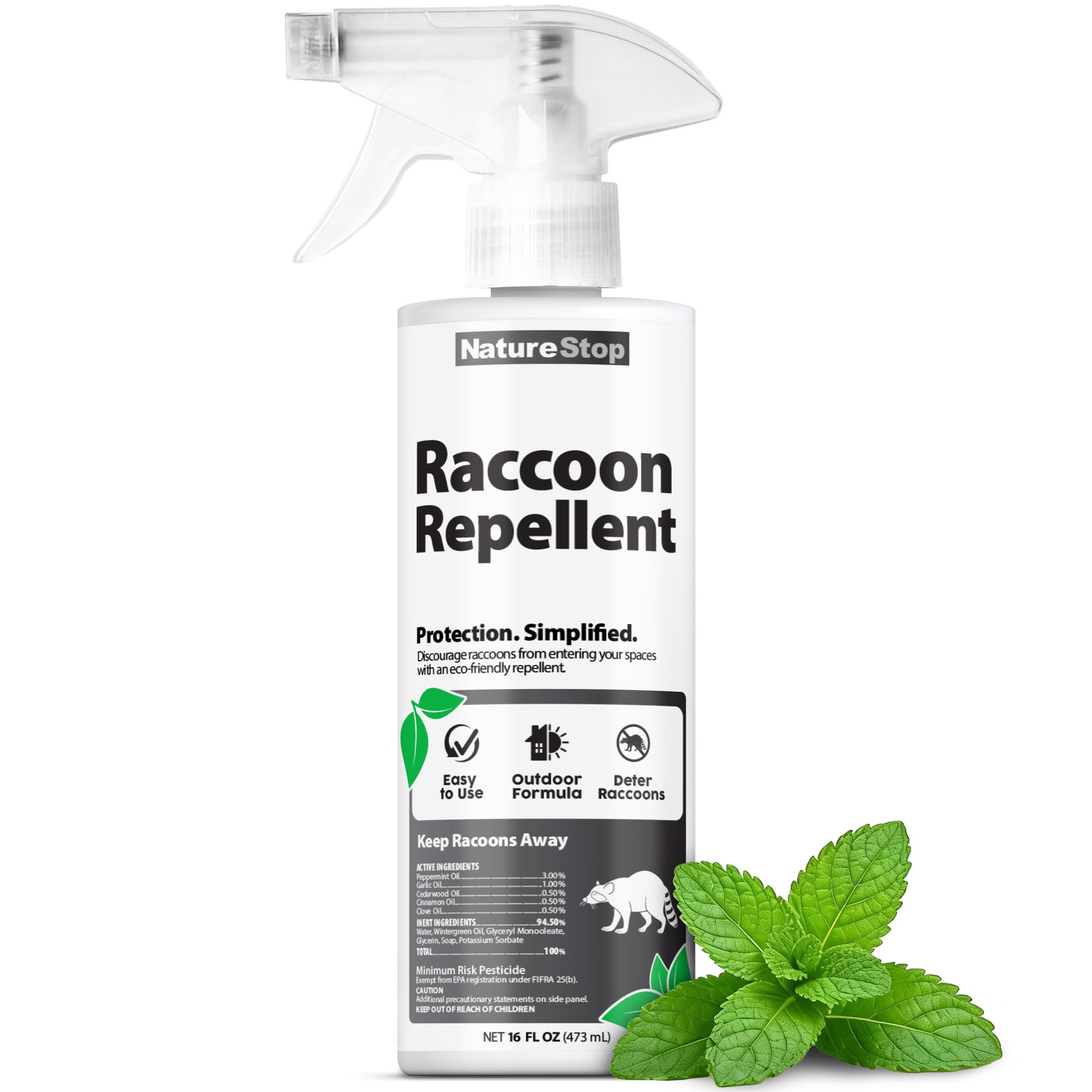 NatureStop Raccoon Repellent Spray bottle for easy deterrence around trash bins.