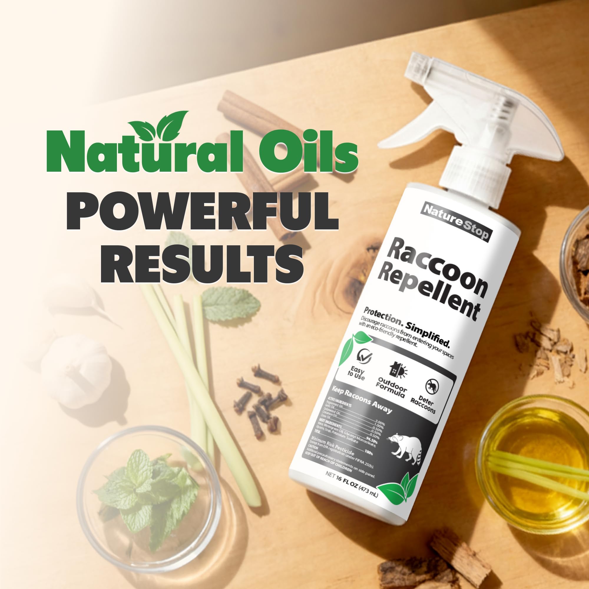 NatureStop Raccoon Repellent Spray near trash area deterring raccoon visits.