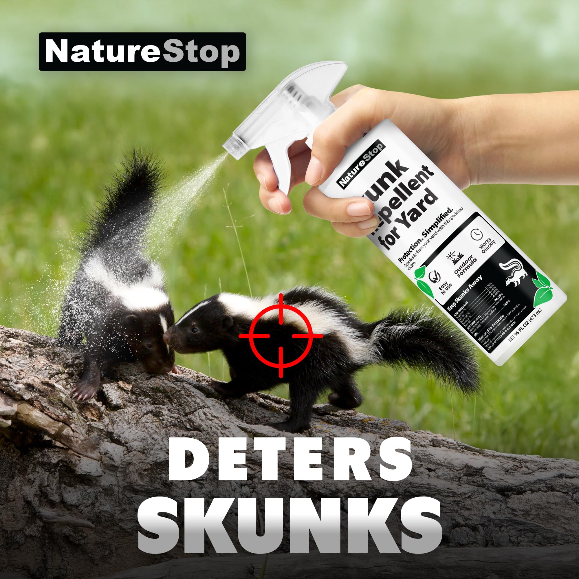 NatureStop skunk repellent spray being applied around a trash bin to protect entry points.