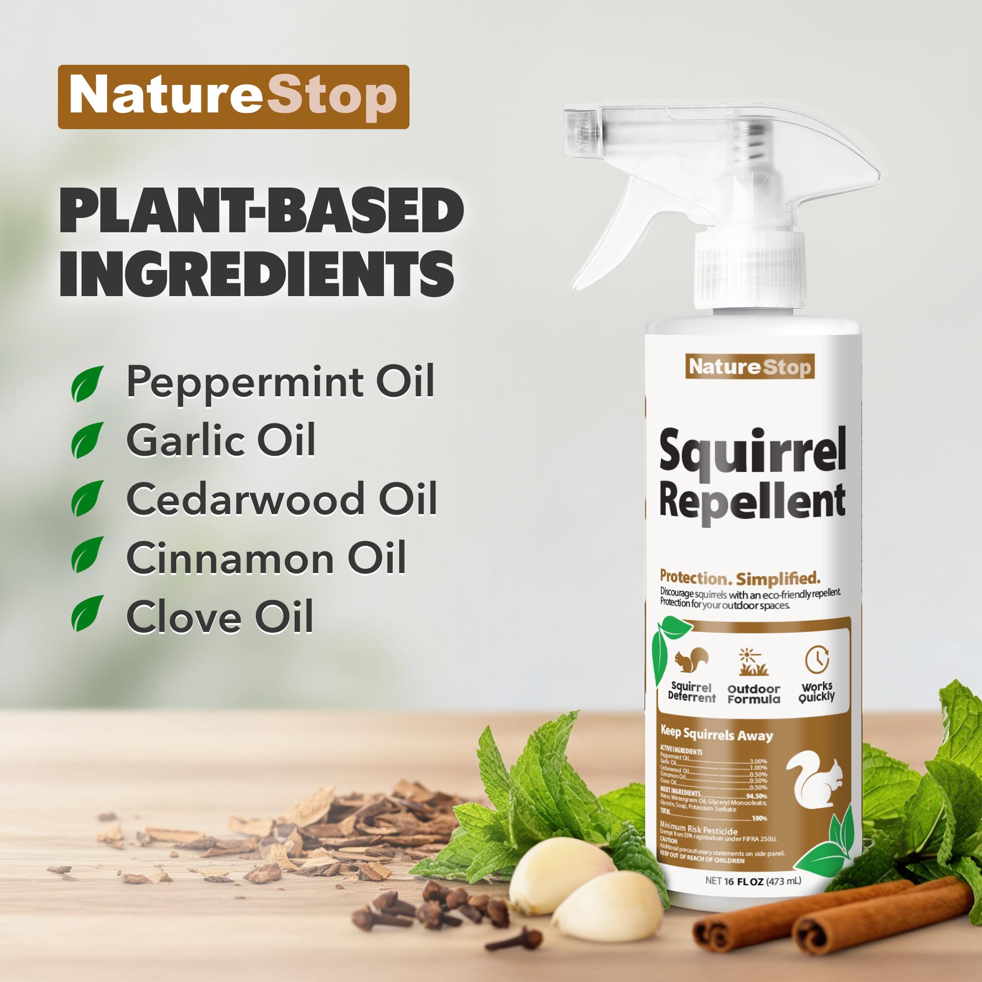 NatureStop Squirrel Repellent Spray shown for patio and lawn protection.