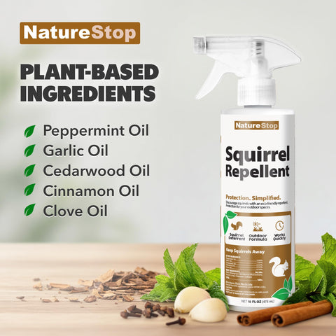 NatureStop Squirrel Repellent Spray shown for patio and lawn protection.