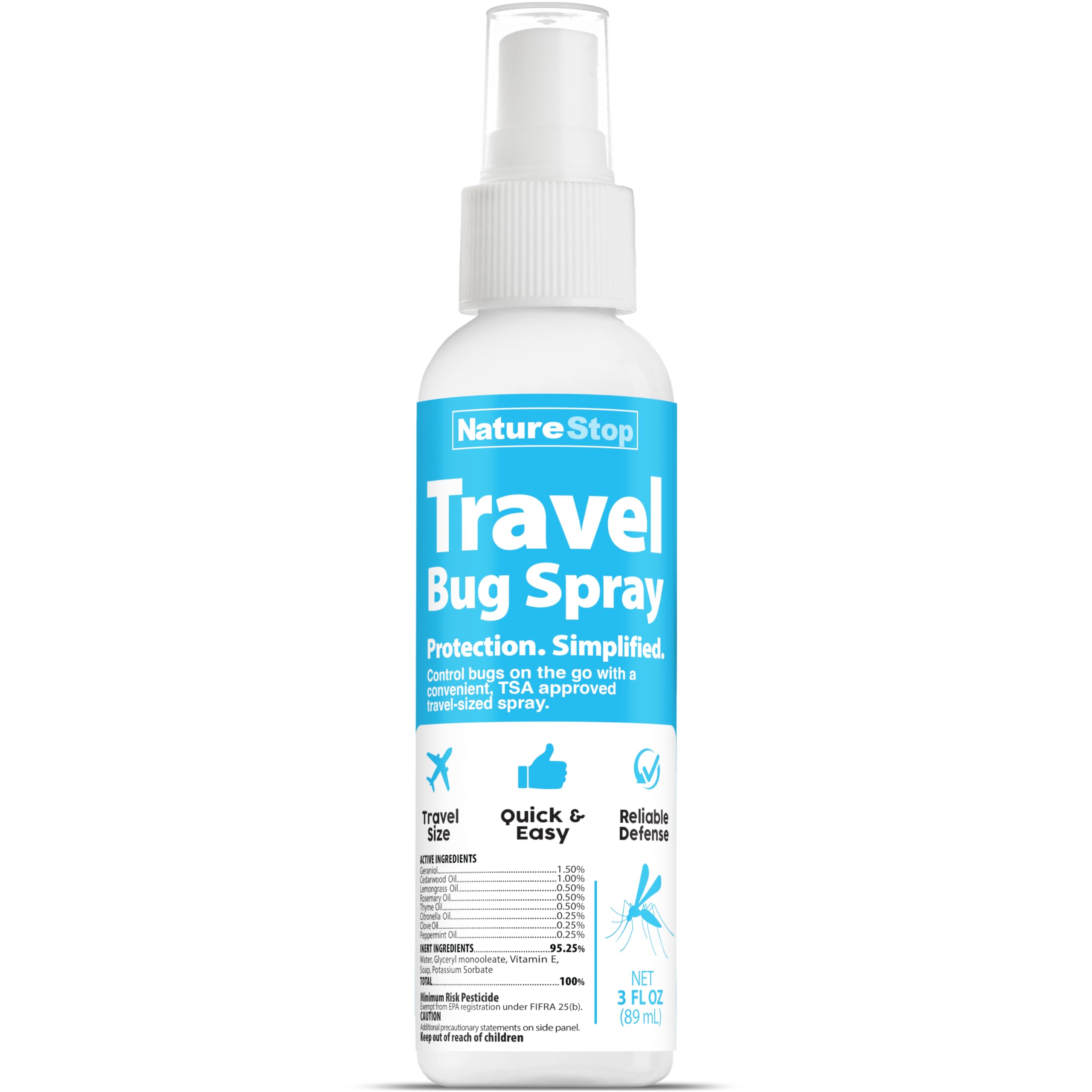 NatureStop Travel Bug Spray 3oz bottle front view for on-the-go protection.
