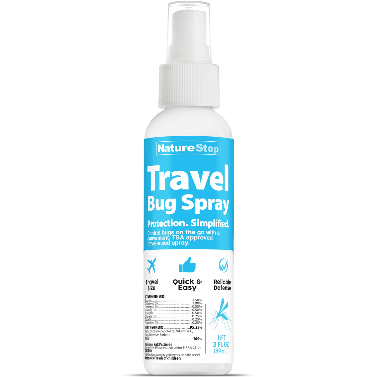 NatureStop Travel Bug Spray 3oz bottle front view for on-the-go protection.