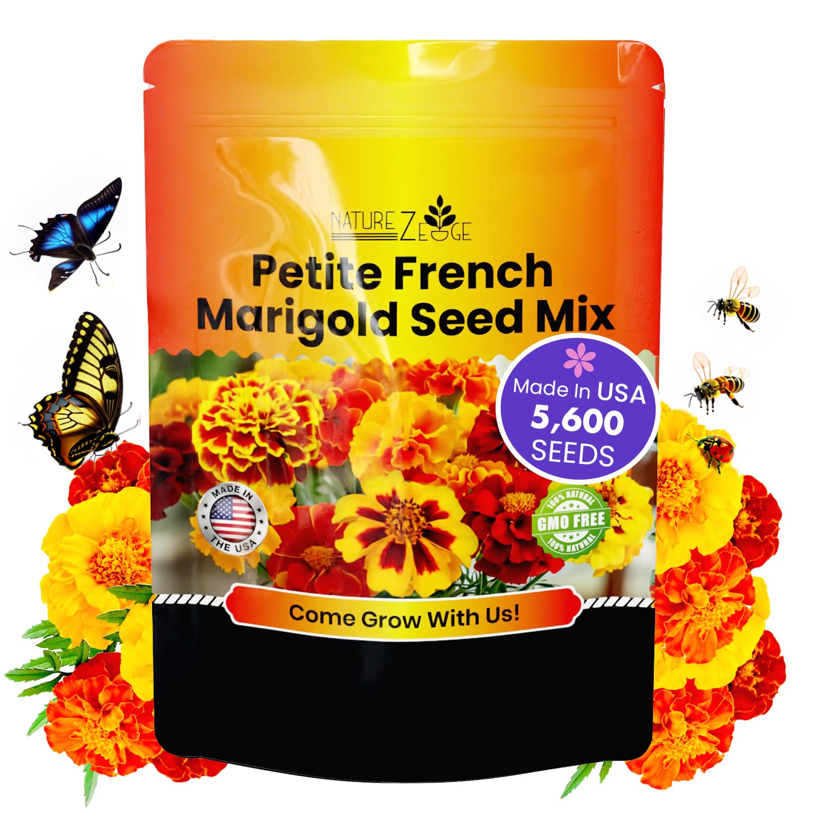 NatureZ Edge marigold seeds mix packaging promises vibrant border color for gardens.